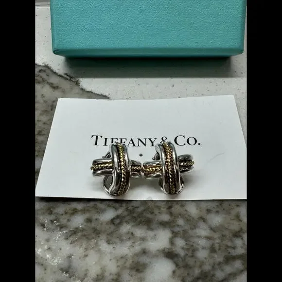 Tiffany & Co. Gold Rope Silver Signature ''X'' Clip-on Earrings .925 Silver Cert
